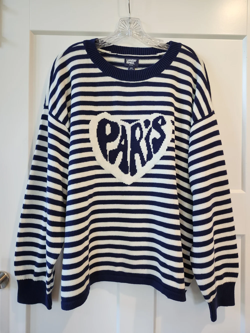 Lands' End Navy and White Striped Crewneck Sweater with 'Paris' Heart - Picture 2 of 4